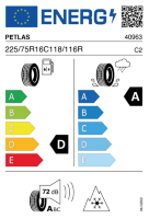 EU-Reifenlabel für PETLAS PT935 225/75 R16C 118/116R